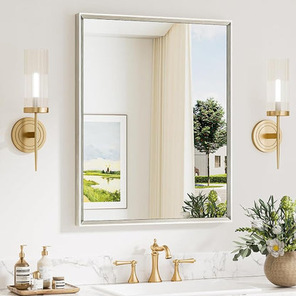 Keonjinn 24 x 30 Inch Brushed Nickel Bathroom Mirrors for Over Sink | Beveled Metal Frame, Anti Rust, Rectangular Mirrors for Wall, Farmhouse Bathroom Vanity Mirror, Tempered Glass, Square Corner