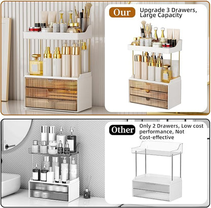 StorBin Arcylic 5-Tier Makeup & Skincare Organizer for Vanity, Bath | Smooth 3 drawers, clear body, gold frame, non-slip, for perfumes, serums, face masks, palettes, vanity & bath counter,Amber