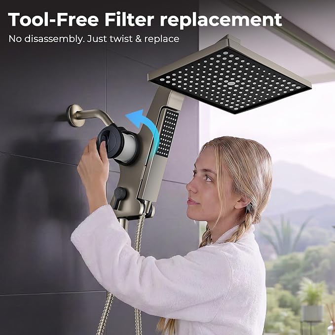 MakeFit Filtered Rain Shower Head with Handheld Combo High Pressure 12'' Rainfall Shower Heads & Hidden Detachable Wand Dual Showerhead Water Softener for Hard Water Easy Filter Replacement