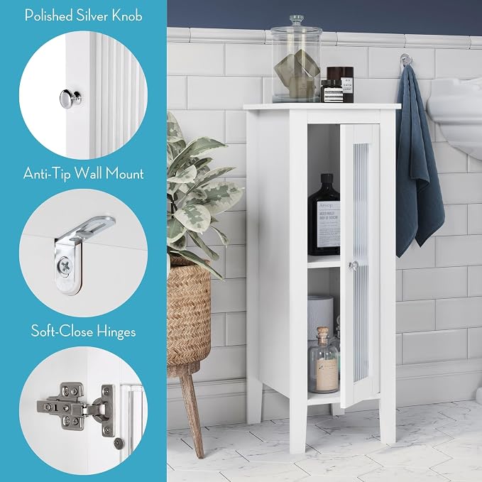 RiverRidge Prescott Slim Bathroom Linen Storage Cabinet, White | Versatile Narrow Organizer with Reeded Glass Door, Adjustable Shelves, Soft-Close Hinges