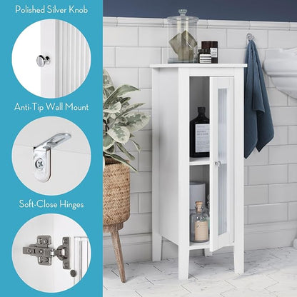 RiverRidge Prescott Slim Bathroom Linen Storage Cabinet, White | Versatile Narrow Organizer with Reeded Glass Door, Adjustable Shelves, Soft-Close Hinges
