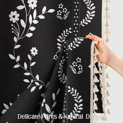 Boho Black Vintage Shower Curtain with Tassels 72 x 72 Inch | Bohemian Floral Linen Fabric Pattern Curtain Curtain For Bathroom