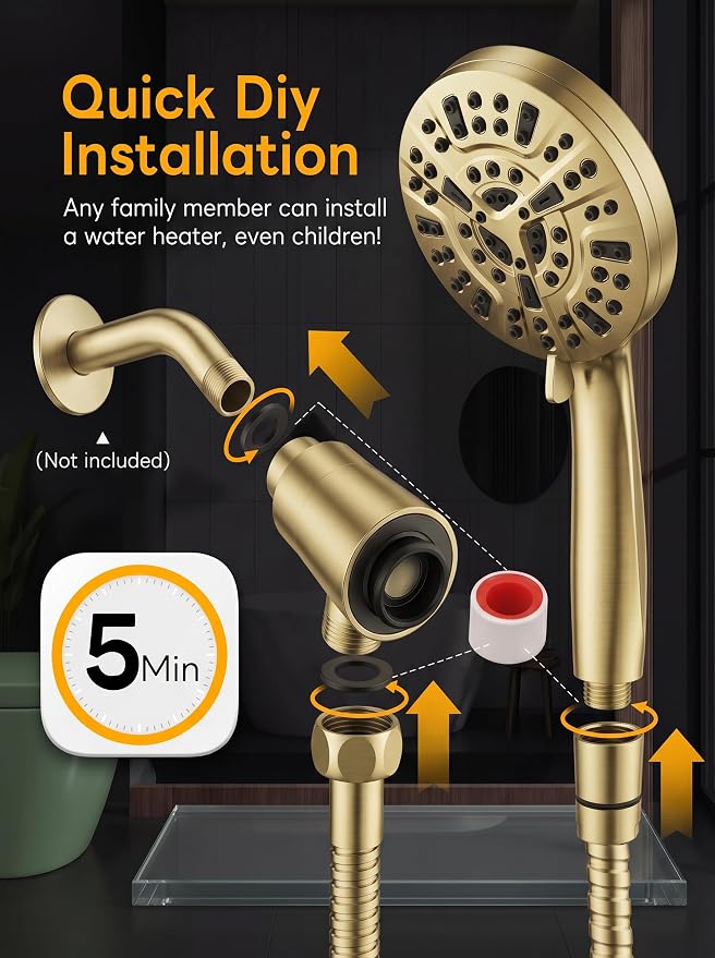 High Pressure Handheld Shower Head Brushed Gold- Anti-clog Nozzles, Built-in Power Wash to Clean Tub, Wall & Overhead Brackets,Magnetitc Rainfall Showerhead with handheld