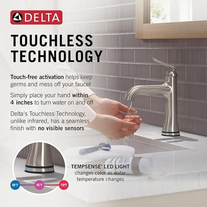Delta Bonacci Touchless Bathroom Faucet 1-Hole with Touch On Technology, Brushed Nickel Single Hole Bathroom Sink Faucet, Metal Push-Pop Drain, Lumicoat Stainless 545T-SS-PR-DST
