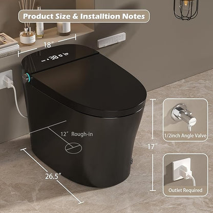 WinZo Smart Toilet with Bidet Built in, ADA One-Piece Toilet Auto Open/Close & Flush, Heated Seat, Front & Rear Wash, LED Display, Night Light, 12-inch Rough-in (Matte Black)
