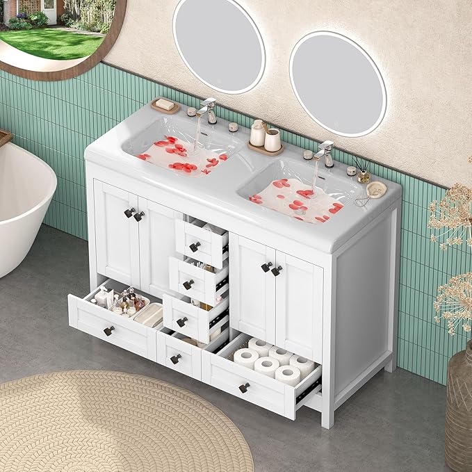 48 Inch Bathroom Vanity with Sink, Bathroom Vanity Cabinet with Doulble Sink, White Bath Vanities with 4 Doors and 6 Drawers (20" D x 48" W x 36" H)