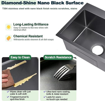 20x16 Inch Drop in Kitchen Sink, 304 Black Stainless Steel Sink | 9" Deep Single Bowl, R10 Tight Corner, 2 Pre-Drilled Holes, Topmount Installation,for Small Kitchen/RV/Bar Sink