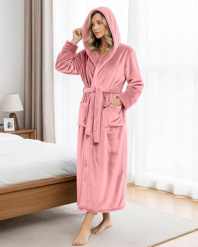 NY Threads Women's Fleece Hooded Bathrobe Plush Long Spa Robe, Medium