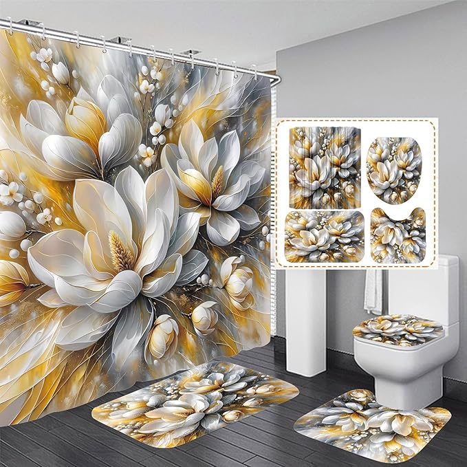 4-Piece Magnolia Flowers Shower Curtain Set Dreamy Beauty Bathroom Set with Shower Curtain and Rugs, Gold White and Gray Bath Curtain with Hooks for Home Decor