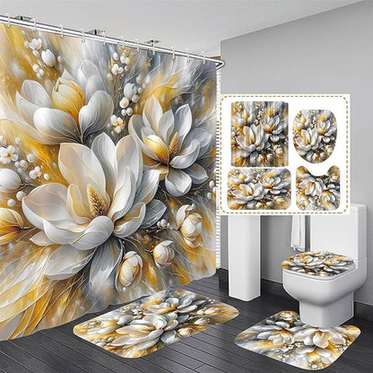 4-Piece Magnolia Flowers Shower Curtain Set Dreamy Beauty Bathroom Set with Shower Curtain and Rugs, Gold White and Gray Bath Curtain with Hooks for Home Decor