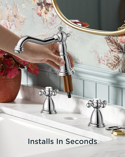 FORIOUS Bathroom Faucets for 3 Hole Sink Polished Chrome, 2-Handle 8 Inch Widespread Antique Vintage Bathroom Sink Faucet for Vanity RV Farmhouse with Metal Pop Up Drain and Supply Lines