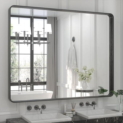 TETOTE 48 x 40 Inch Black Frame Mirror, Bathroom Vanity Mirror for Wall, Modern Rectangle Round Corner Matte Framed Mirror (Horizontal/Vertical)