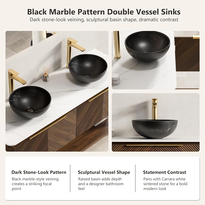 Yayzy 60 Inch Double Sink Bathroom Vanity, Dark Walnut Bathroom Cabinet with Double Black Marble Pattern Vessel Sinks, Carrara White Sintered Stone Countertop, Soft Close Doors, Open Storage Shelf