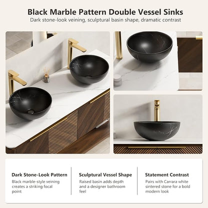 Yayzy 60 Inch Double Sink Bathroom Vanity, Dark Walnut Bathroom Cabinet with Double Black Marble Pattern Vessel Sinks, Carrara White Sintered Stone Countertop, Soft Close Doors, Open Storage Shelf