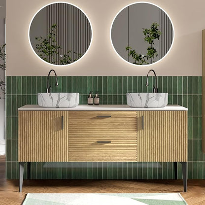 60" Bathroom Vanity with Double Carrara Sink, Wall-Mounted, Oak | Fluted Double Ceramic Vessel Sink Bathroom Vanity with Soft-Closing Drawers & Doors, Engineered Stone Countertop