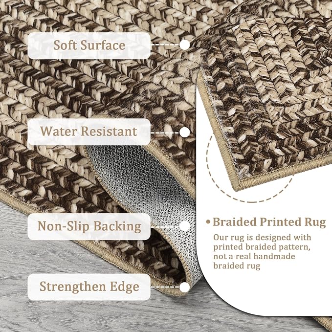 Imitation Braided Collection-Print Large Washable Rug 9x12 Non-Slip Rugs for Living Room, Natural Bordered Carpet, Stain Resistant Thin Foldable Floor Cover Bedroom for Nursery Dining Room