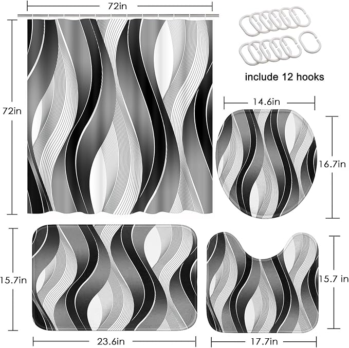 Bathroom Sets with Shower Curtain and Rugs, 4 Pcs Geometric Stripes | Abstract Modern Wavy Bathroom Decor Set with Toilet Lid Cover, Non-Slip Bath Mats and Accessories 12 Hooks