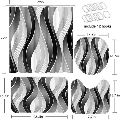 Bathroom Sets with Shower Curtain and Rugs, 4 Pcs Geometric Stripes | Abstract Modern Wavy Bathroom Decor Set with Toilet Lid Cover, Non-Slip Bath Mats and Accessories 12 Hooks