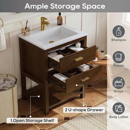 24 Inch Bathroom Vanity with Sink, Farmhouse Storage Cabinet with Drawers & Open Storage Shelf, Easy Assembly, Adjustable Feet, Walnut