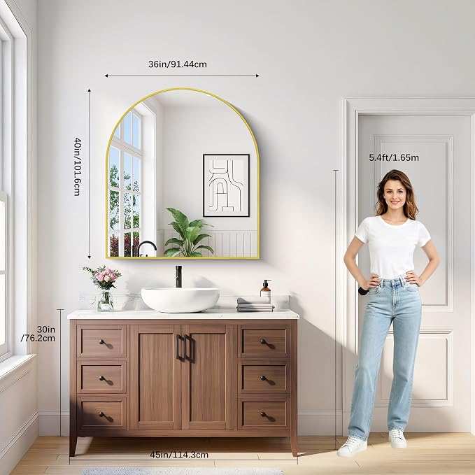 Arched Bathroom Mirror 36x40 Inch, Bathroom Mirror for Over Sink, Wide Wall Mounted Vanity Mirror with Aluminum Frame & Tempered Glass, Ideal for Bedroom, Entryway, Living Room, Mantel, Gold
