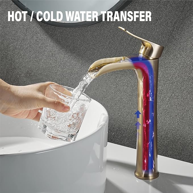 Vessel Sink Faucet,Brushed Gold Bathroom Faucet,Yundoom,Single Hole Bathroom Sink Faucet,Tall Bathroom Faucet Single Handle,Bathroom Bowl Sink Faucet,Waterfall Bathroom Faucet,Bathroom Tall Faucet.