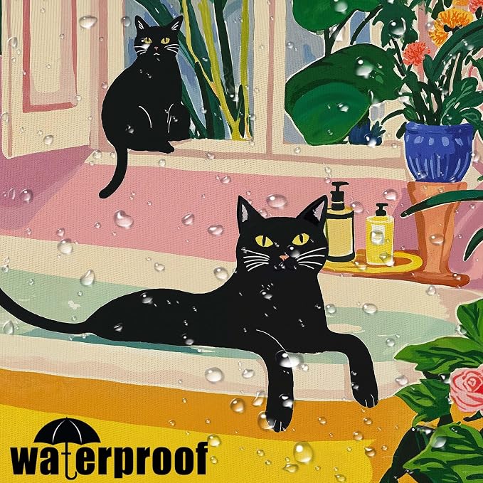 Accnicc Boho Cat Shower Curtain for Bathroom 72 X 78 Inches | Cute Funny Black Cats Matisse Long Shower Curtains, Tropical Plant Bathroom Decor, Water-Resistant Washable Polyester Fabric