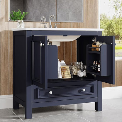 Tribesigns 30" Modern Bathroom Vanity with Sink, Freestanding Bathroom Vanities Cabinet with Ceramic Basin Combo, Bathroom Sink Cabinet with 2 Doors and 1 Drawer, Solid Wooden Frame, Navy Blue