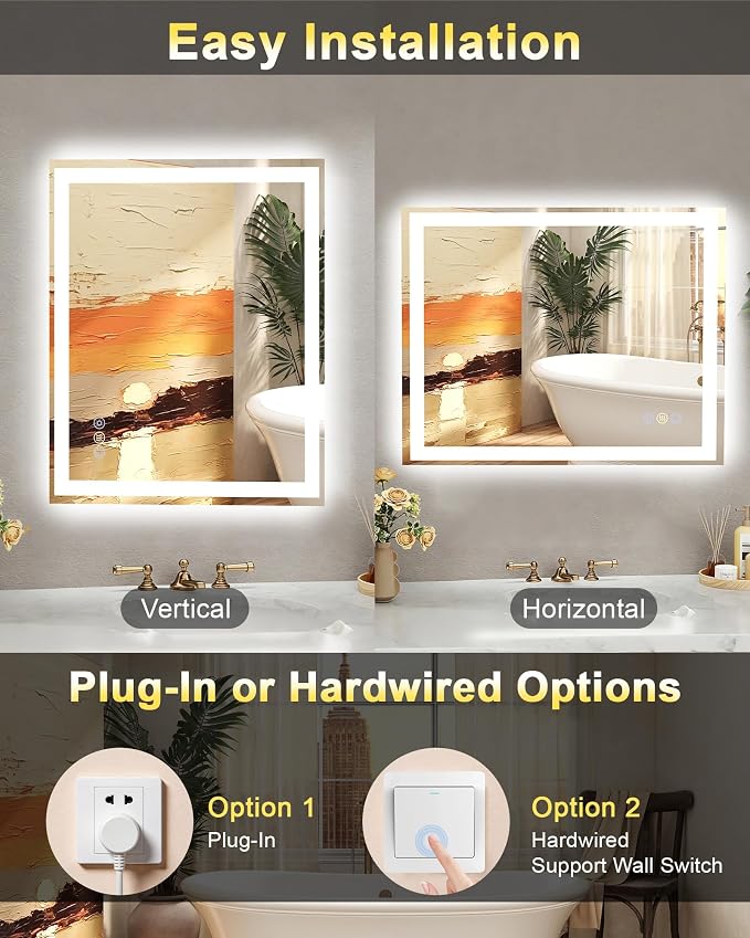 60x36 LED Bathroom Mirror, 6000LM, Separate Front and Back Lights | UL Certified,Shatter-Resistant Tempered Glass,Auto-Off Defogger,3 Color Modes,Smooth Dimming,Smart Memory Setting