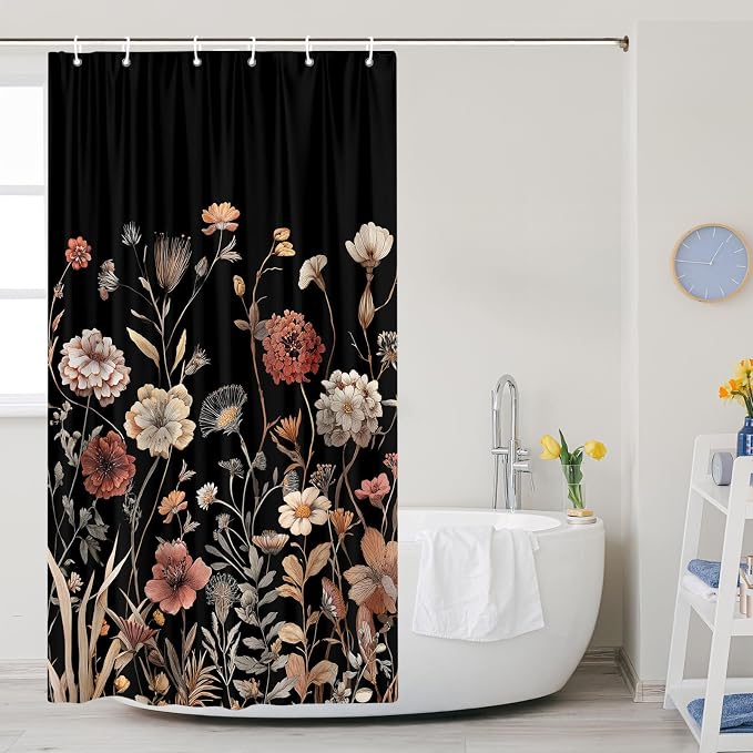 Vintage Boho Black Floral Shower Curtain, Beige Brown Cream Tan Rustic Farmhouse Flower Shower Curtain Set, Cute Botanical Wlidflowers Fabric Shower Curtains Decoration, 36X72 Bathroom Accessories
