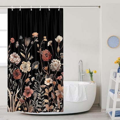 Vintage Boho Black Floral Shower Curtain, Beige Brown Cream Tan Rustic Farmhouse Flower Shower Curtain Set, Cute Botanical Wlidflowers Fabric Shower Curtains Decoration, 36X72 Bathroom Accessories