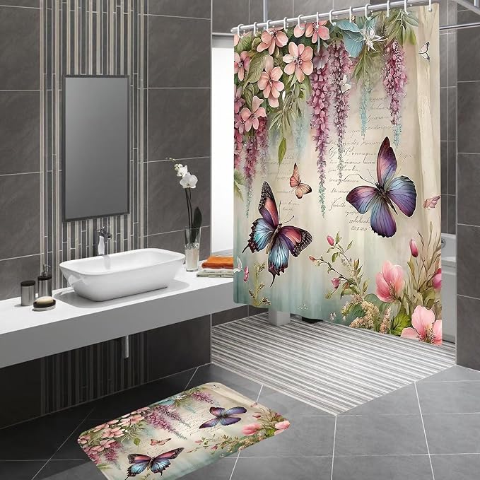 Chrainy 4pcs Spring Butterfly Shower Cutain Set Bathroom Decor with Rugs | Bath Accessories with Waterproof Curtain, Bath Mat, Toilet Lid Cover, U-Shaped Rug and 12 Hooks for Washroom, 71*71in