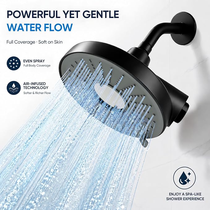 2-Piece Filtered Shower Faucet Set with Valve, 6-Inch 3-Function Shower Head with 18-Stage Filter, Single-Handle Pressure Balance Trim, Matte Black
