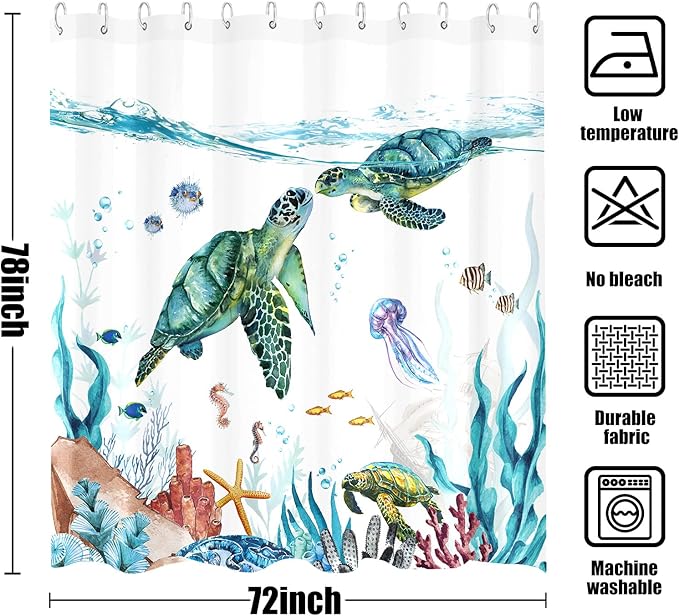 Fowocu Sea Turtle Extra Long Shower Curtain Teal Blue Ocean Waterproof Fabric Shower Curtains for Bathroom with Funny Animal Octopus Starfish Anchor Fish Nautical Bath Curtain Decor (Teal, 72''×78'')