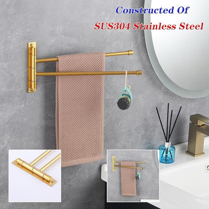 GERZWY Bathroom Swing Arm Towel Bars 2-Arm Wall Mount Stainless Steel Bath Towel Rack Hanger Towel Holder Organizer Gold Finished HYG02-BE