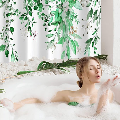 Emerald Green Eucalyptus Shower Curtain, Floral Print, 72x84 | Watercolor Plant Leaves Floral Print, Waterproof Fabric Bathroom Decor, Machine Washable, Rustproof Grommets