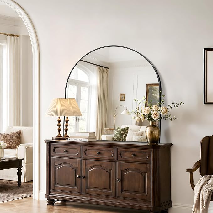 Arched Bathroom Mirror 42x42 Inch, Bathroom Mirror for Over Sink, Wide Wall Mounted Vanity Mirror with Aluminum Frame & Tempered Glass, Ideal for Bedroom, Entryway, Living Room, Mantel, Gold