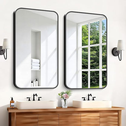 Black Bathroom Mirror, 28x42 inch Aluminum Metal Frame Rectangular Vanity Mirror, Wall Mounted Rectangle Mirrors with Rounded Corner for Bedroom Living Room Hangs Horizontal Or Vertical