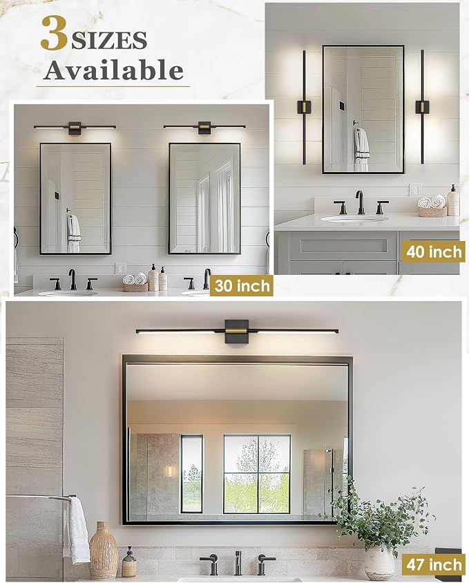 47 Inch Bathroom Light Fixtures, 28W 3CCT Dimmable Black and Gold LED Vanity Lighting Fixtures Over Mirror, 360?Rotatable Modern Bathroom Vanity Light Bar, AD-W9465-L120-BK