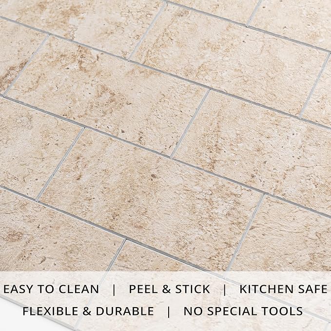 StyloVue 100 Pieces Peel and Stick Backsplash for Kitchen, 3" x 6" PVC Subway Tile, 2026 Upgraded Classic Travertine Beige, Stick on Tile for Kitchen, Fireplace, RV
