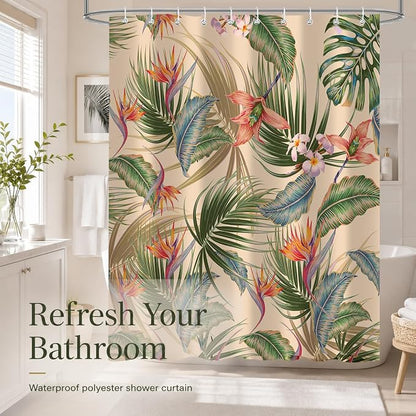 Tropical Shower Curtain, Colourful Leaves Floral Palm Leaf Hawaiian Botanical Plant Bathroom Decor, Waterproof Cloth Fabric Bath Curtain with Hooks 72 x 84 inch