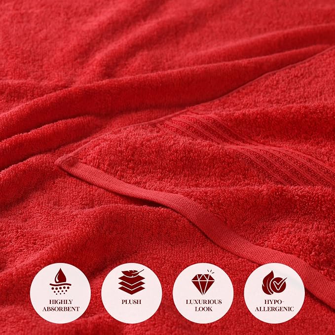 SUPERIOR Egyptian Cotton Bath Towel Set, Towels for Home Bathroom, Master, Guest Bath, Decor Essentials, Quick Dry, Absorbent, Large Body Towels, Spa, Hotel, Resort, Adult, Kids, Set of 4, Red