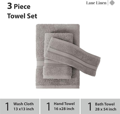 LANE LINEN Bath Towel Set 100% Cotton 3 Piece Soft Absorbent - Grey | Shower Towels - Generously Sized, Oversized & Roomy, Lightweight & Breathable, Fade-Resistant Color, Classic Terry Weave
