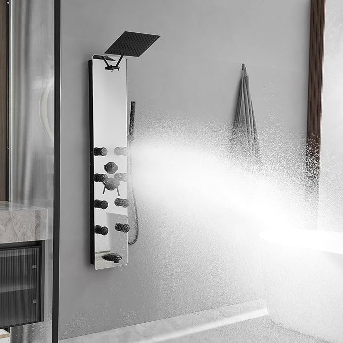 Shower Panel Tower System, 10" Adjustable Rainfall Shower, 8 Body Massage Jets, Glass Shower Panel, Wall Mounted