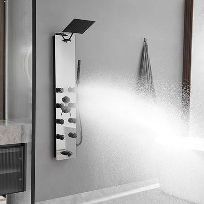 Shower Panel Tower System, 10" Adjustable Rainfall Shower, 8 Body Massage Jets, Glass Shower Panel, Wall Mounted