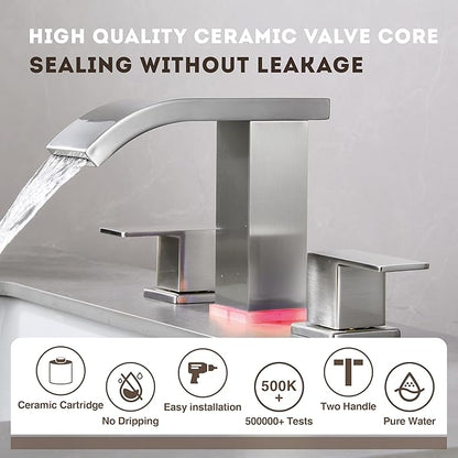 Bathroom faucets 3 Hole Brushed Nickel Vanity Faucet with led Waterfall Bathroom Faucet 3 Hole Sink Faucet Bathroom 8 inch Widespread Modern Parts Touch on 2 Handle