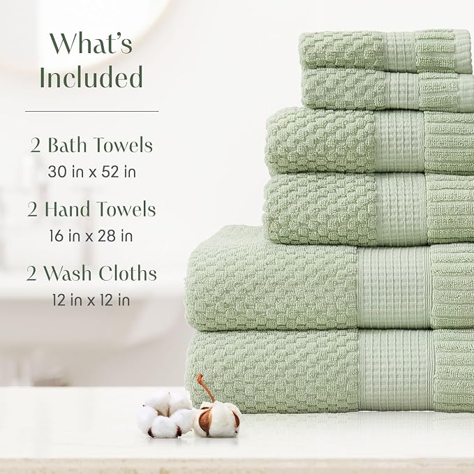 100% Cotton 6 Piece Bath Towel Set | Sage Towels | Oeko‑TEX Standard 100 | Soft & Absorbent, Quick‑Dry | Trinity Collection - Sage Green
