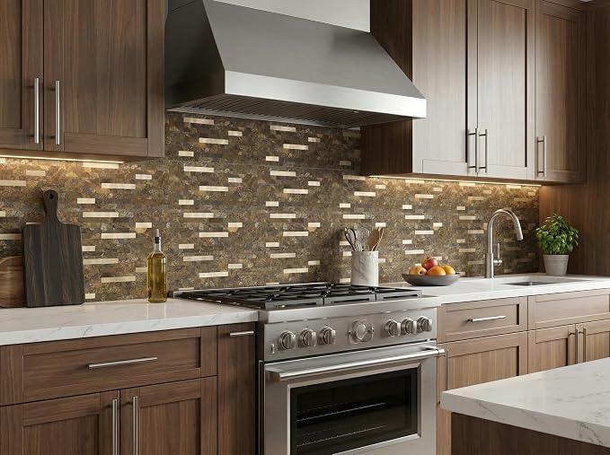 Yipscazo 40 Sheets Peel and Stick Stone Metal Backsplash, PVC Wall Tiles Stick on Tiles for Backsplash Kitchen, Bathroom, Fireplace (6'' X 12'', Rustic)