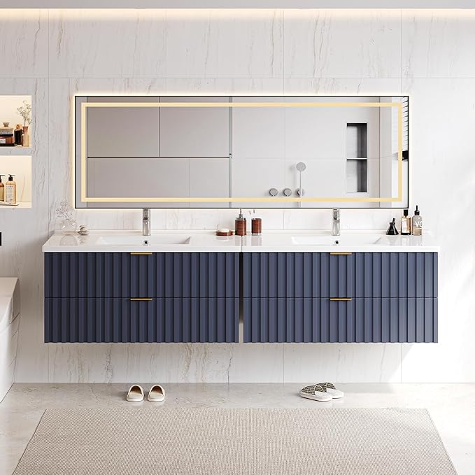 ONBRILL 36 Inch Bathroom Vanity with Sink Combo, Floating Bathroom Vanity with 2 Fluted Drawers & Metal Handle, Modern Wall Mount Storage Cabinet with Ceramic Integrated Sink for Small Space (Blue)