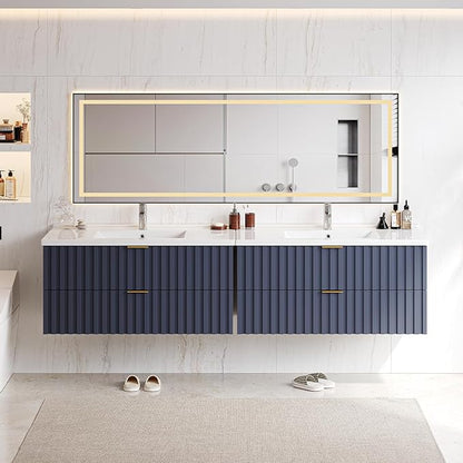 ONBRILL 36 Inch Bathroom Vanity with Sink Combo, Floating Bathroom Vanity with 2 Fluted Drawers & Metal Handle, Modern Wall Mount Storage Cabinet with Ceramic Integrated Sink for Small Space (Blue)