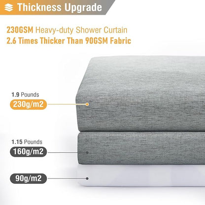 72x90 Linen Textured Waterproof Fabric Shower Curtain Set, Grey/Gray | Long Size, 230GSM Polyester, Heavy Duty Cloth, Weighted Hem, 12 Plastic Hooks, Modern Luxury Hotel Style, Machine Washable